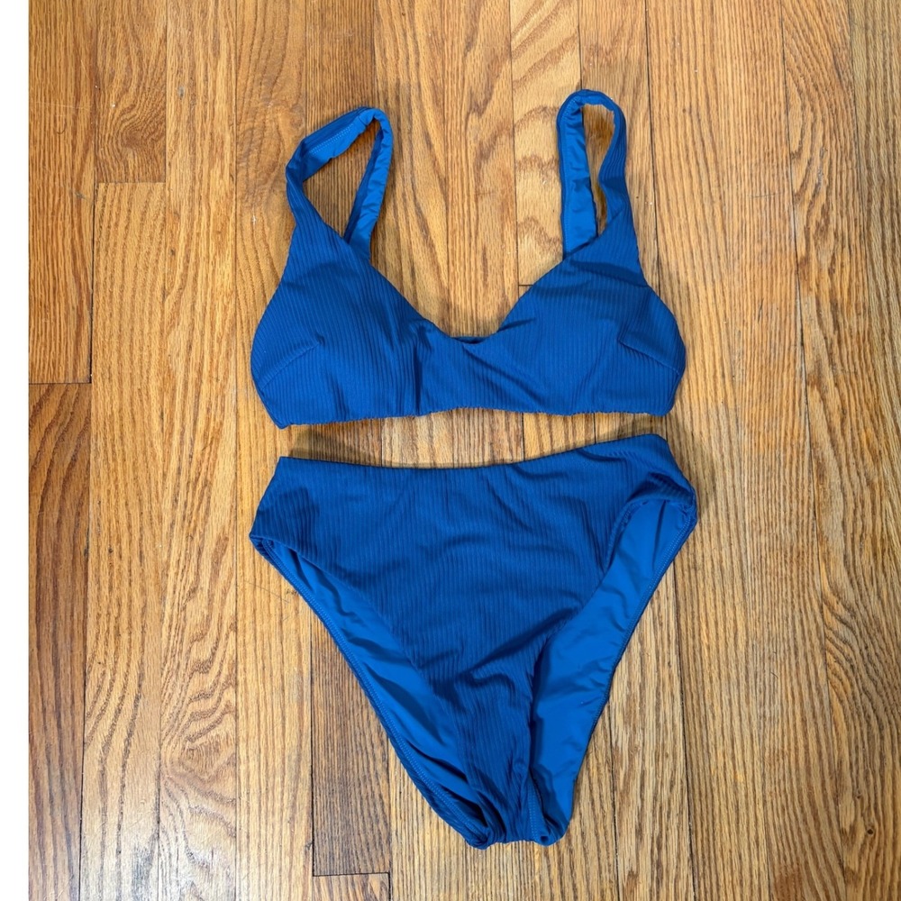 Andie Bikini Set Delray Top 90s High Waisted Bottom Ribbed Bijou Blue sz S NWOT‎